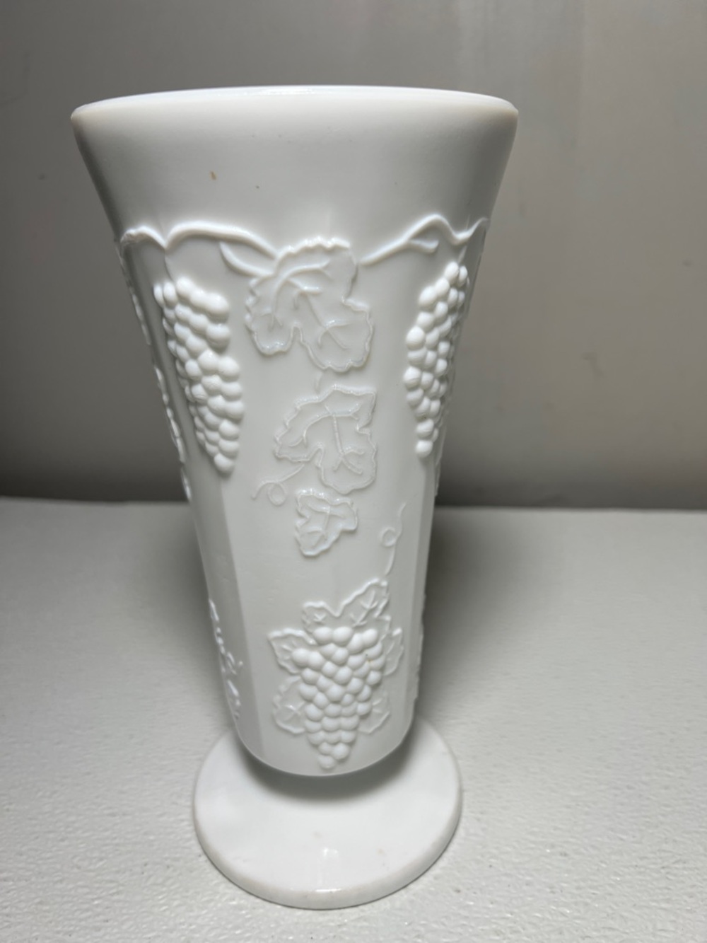 White Milk Glass Embossed Grape and Leaf Pattern Tall Vase